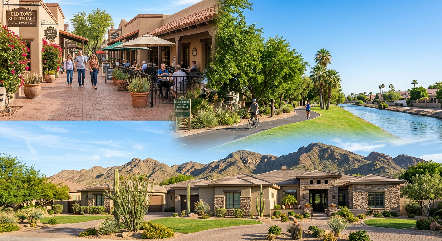 Scottsdale Zip Codes Guide: Where to Live by Lifestyle Needs 2 Photorealistic street-level collage of three Scottsdale lifestyles, a walkable Old Town sidewalk with cafés, a lush McCorm...