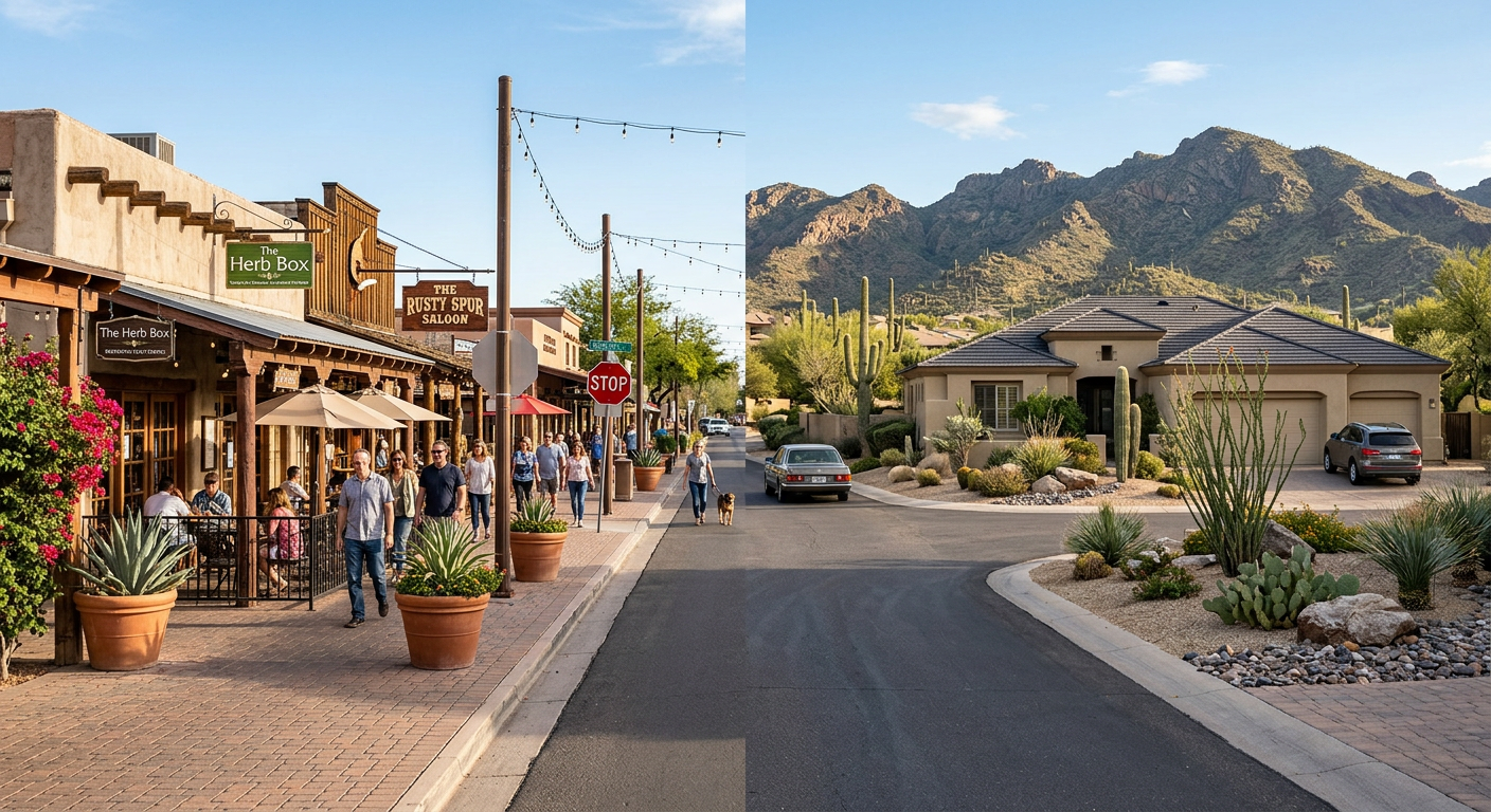 Scottsdale Zip Codes Explained: Find the Right Area for You 2 Photorealistic neighborhood street scene split naturally across the frame, with a walkable Old Town sidewalk and restauran...