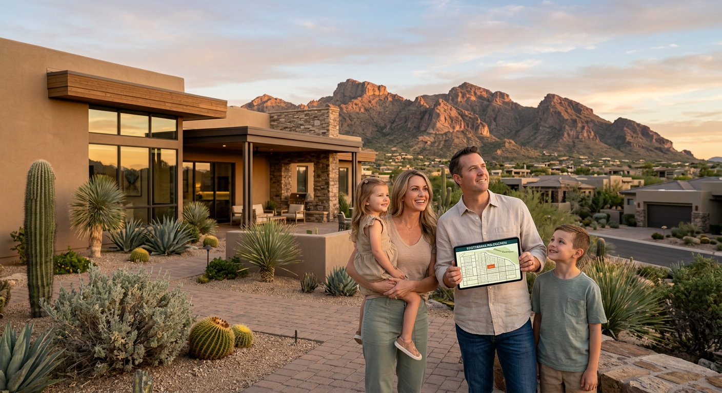 Scottsdale Zip Codes Explained: Find the Right Area for You 3 Photorealistic family standing beside a modern Scottsdale home while looking toward the McDowell Mountains, with desert la...