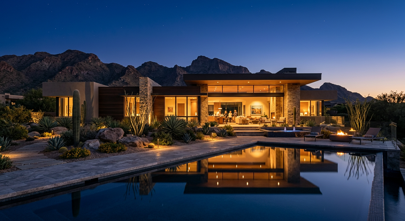Photorealistic twilight exterior of a contemporary North Scottsdale desert home with warm interior lights, pool reflection...