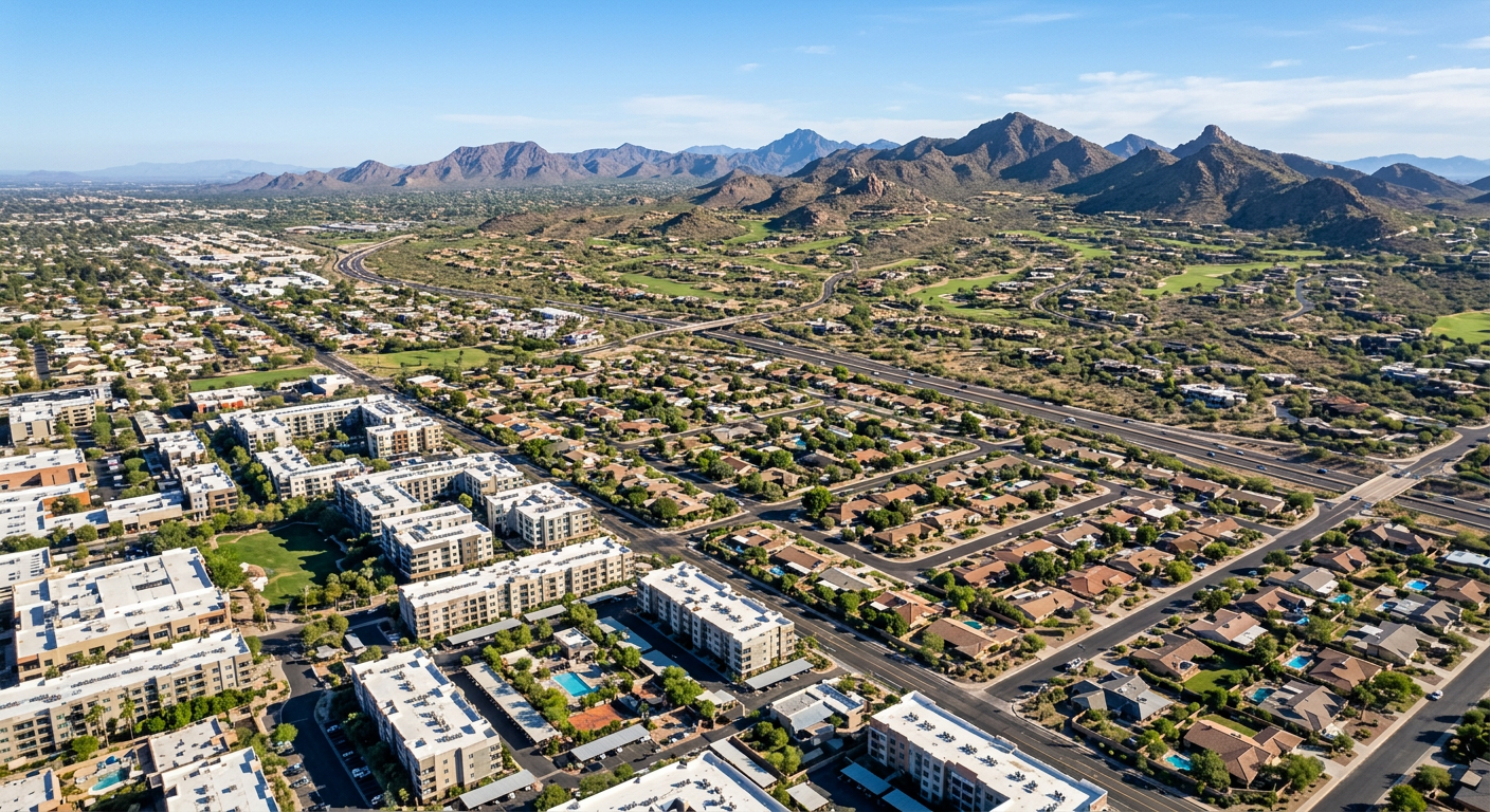 Editorial aerial view of distinct Scottsdale residential areas, showing Old Town condos, central Scottsdale ranch homes, a...