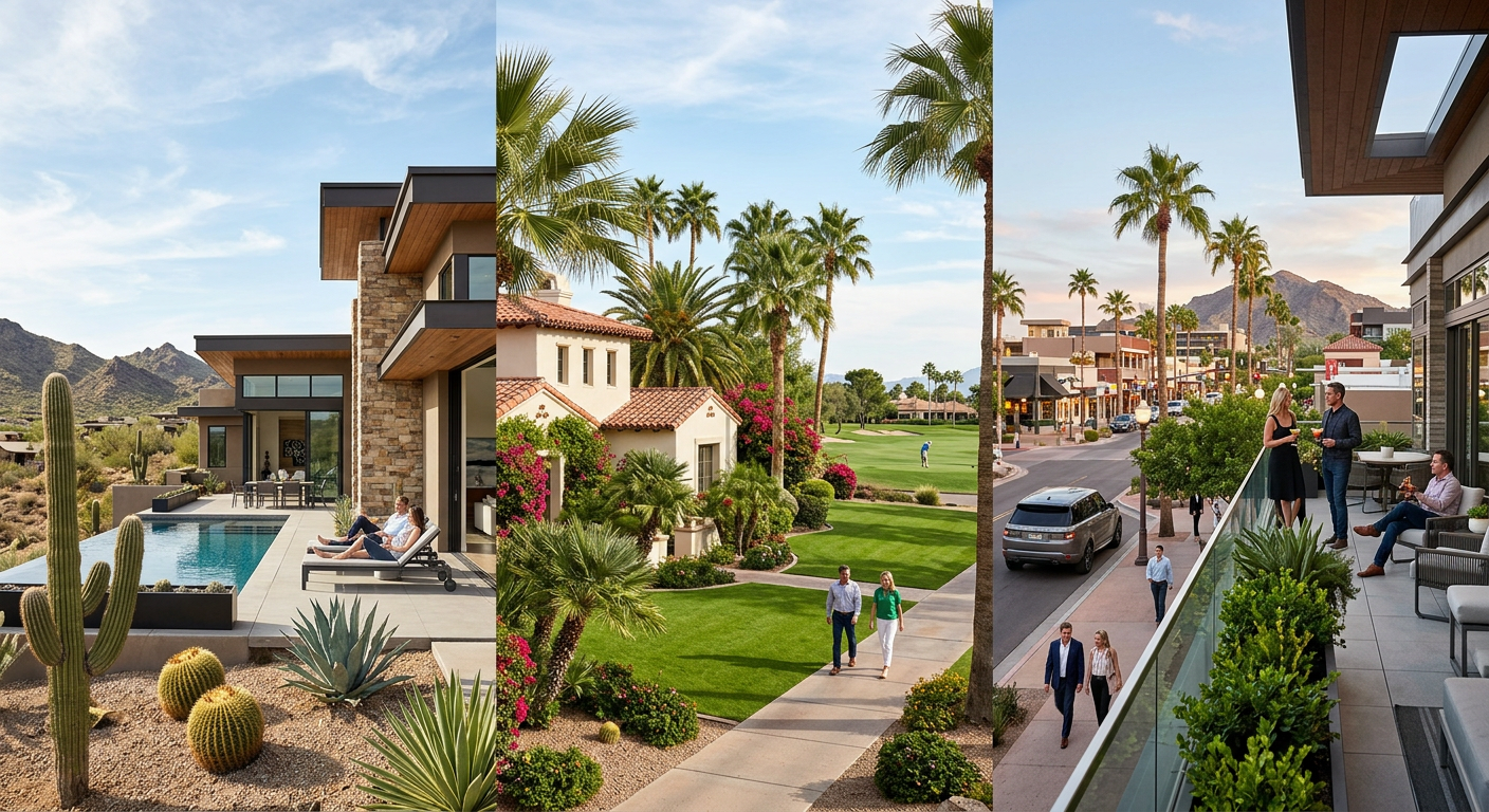 Luxury Homes Scottsdale for Sale: Arizona Relocation Buyer Guide 2 Photorealistic street-level scene showing three distinct Scottsdale luxury lifestyles in one cohesive composition, a conte...