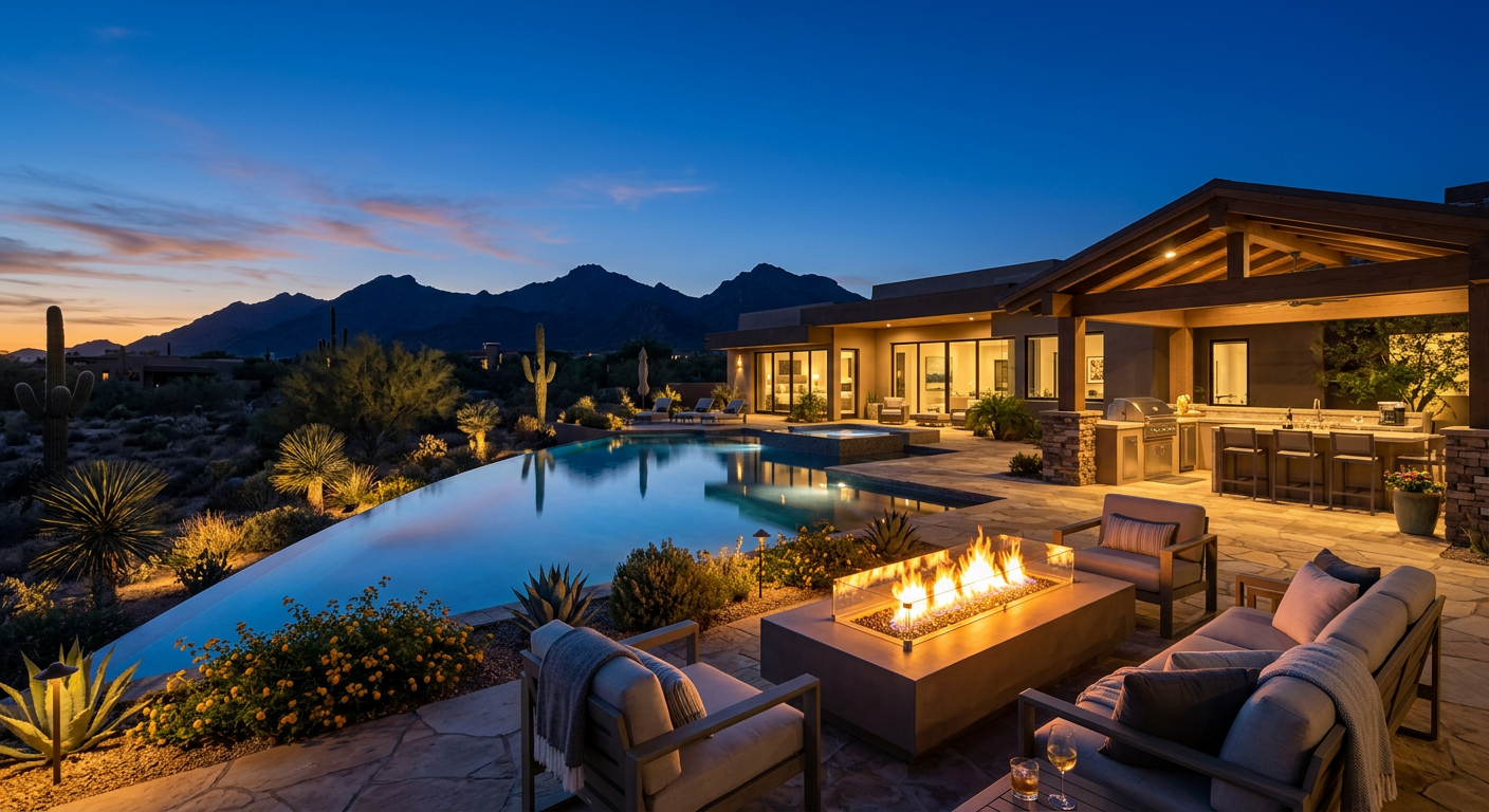 Photorealistic twilight view of a Scottsdale custom estate backyard with a negative-edge pool, covered outdoor kitchen, gl...