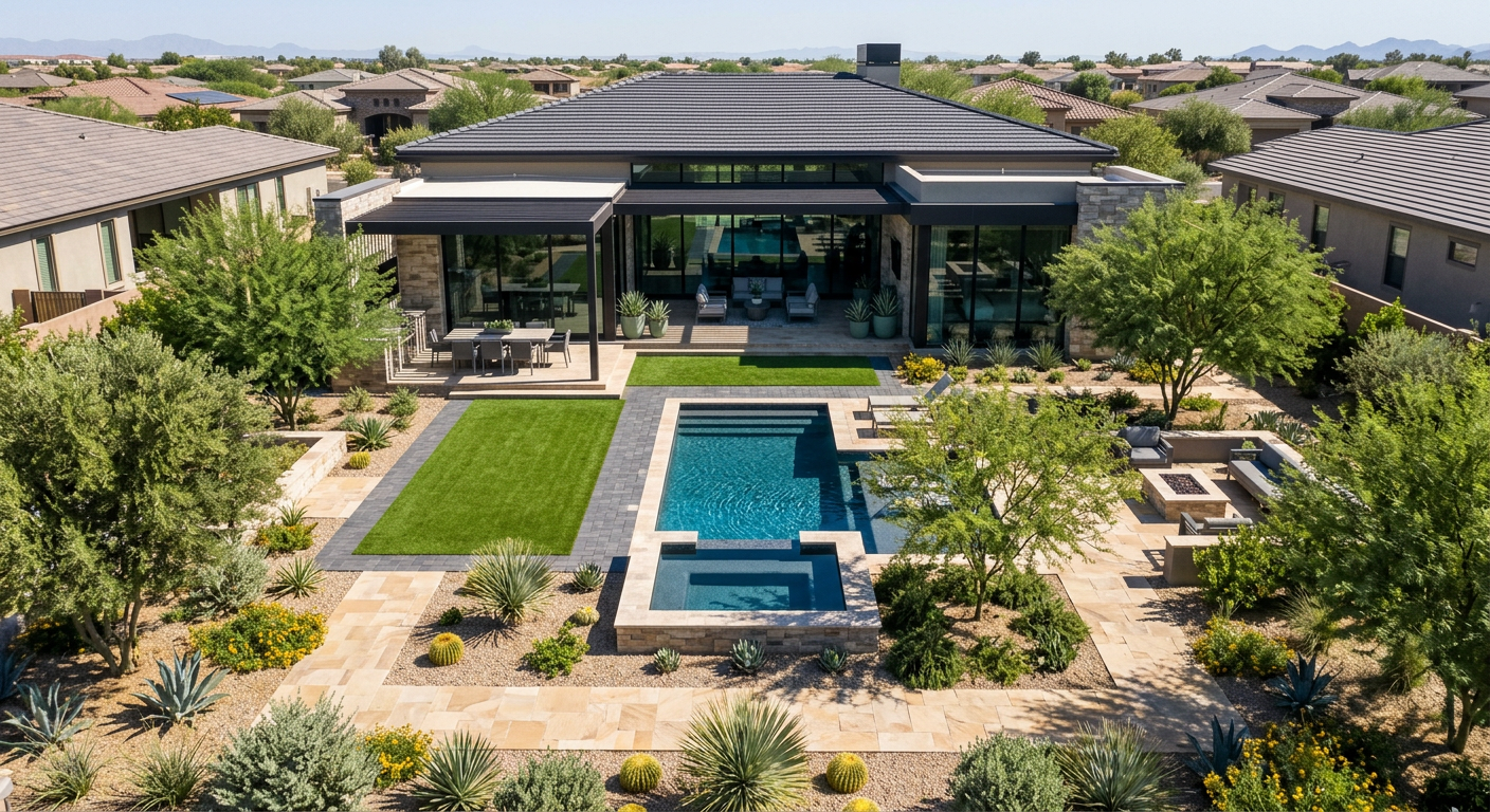 Residential Landscape Design Tempe for Custom Outdoor Living | Luxury Landscape Architecture Scottsdale & Phoenix | Waibel & Associates Photorealistic overhead view of a high-end Tempe backyard landscape plan becoming real, with a contemporary home, shaded d...