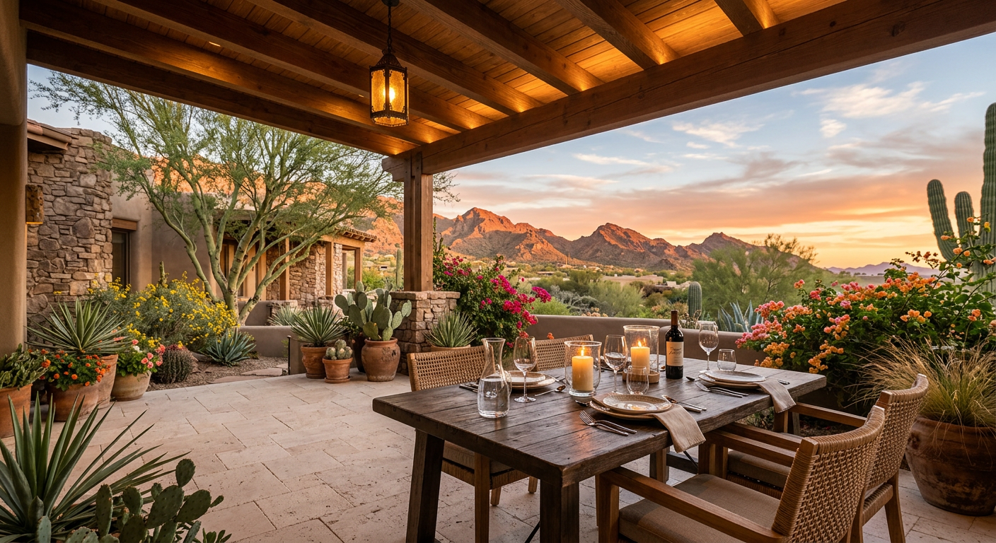 Outdoor Living Design Carefree: Creating Refined Desert Retreats | Luxury Landscape Architecture Scottsdale & Phoenix | Waibel & Associates Photorealistic close-up of an elegant desert outdoor dining terrace in Carefree with pale stone paving, custom wood ceilin...