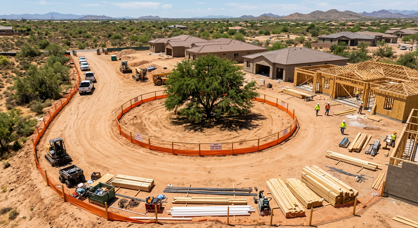 Tree Preservation During Construction Arizona for Luxury Homes | Luxury Landscape Architecture Scottsdale & Phoenix | Waibel & Associates Photorealistic overhead view of an Arizona residential construction site plan in action, showing a mature mesquite within ...