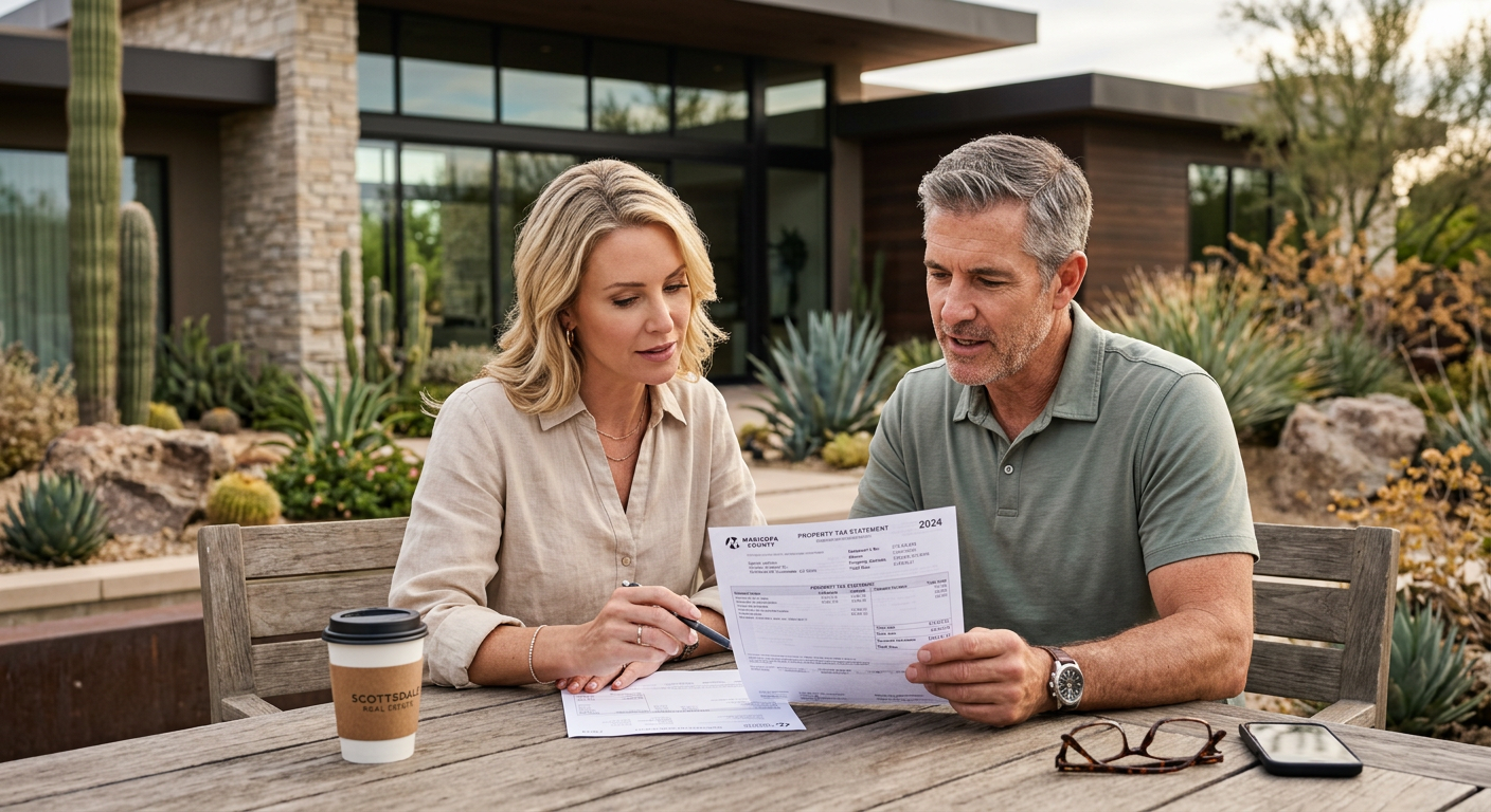 Photorealistic close-up of a Scottsdale buyer and real estate advisor reviewing a property tax statement on a patio table,...