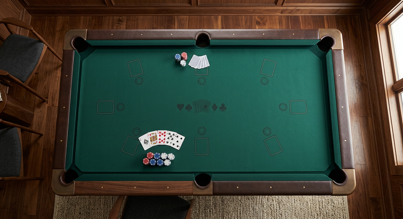 Photorealistic overhead architectural photograph of one rectangular six-pocket pool table converting for card play, showin...