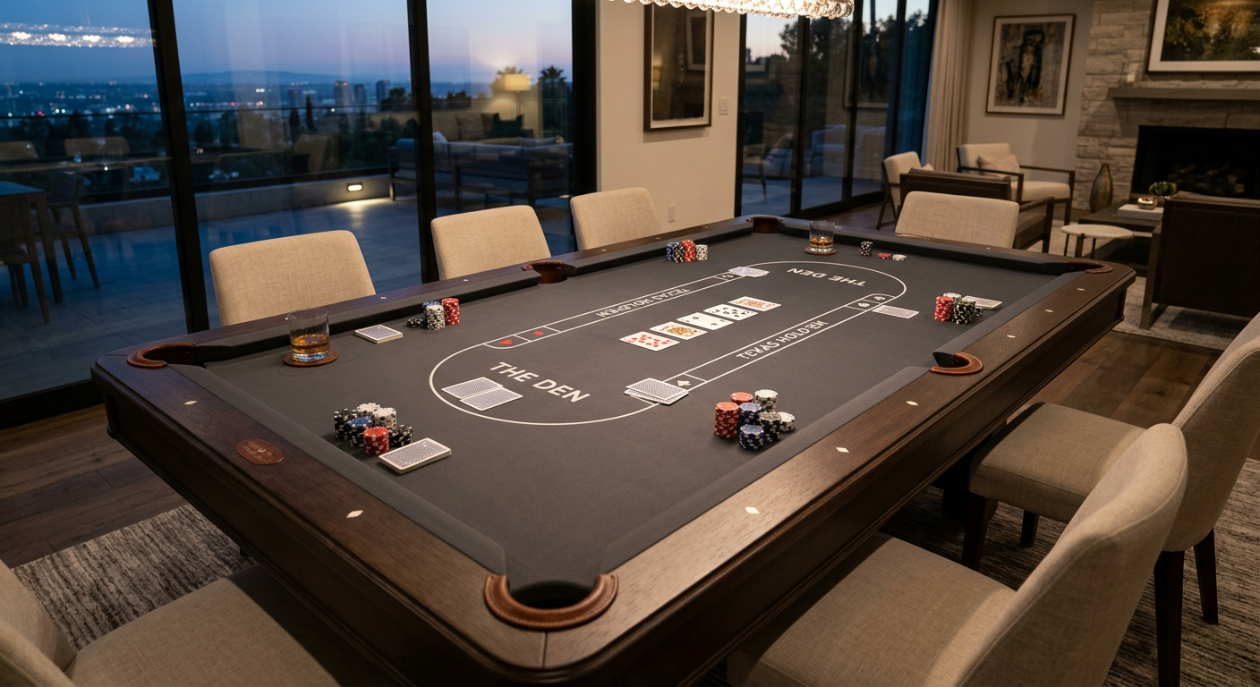 Photorealistic architectural interior photograph of the same rectangular six-pocket luxury pool table viewed from above at...