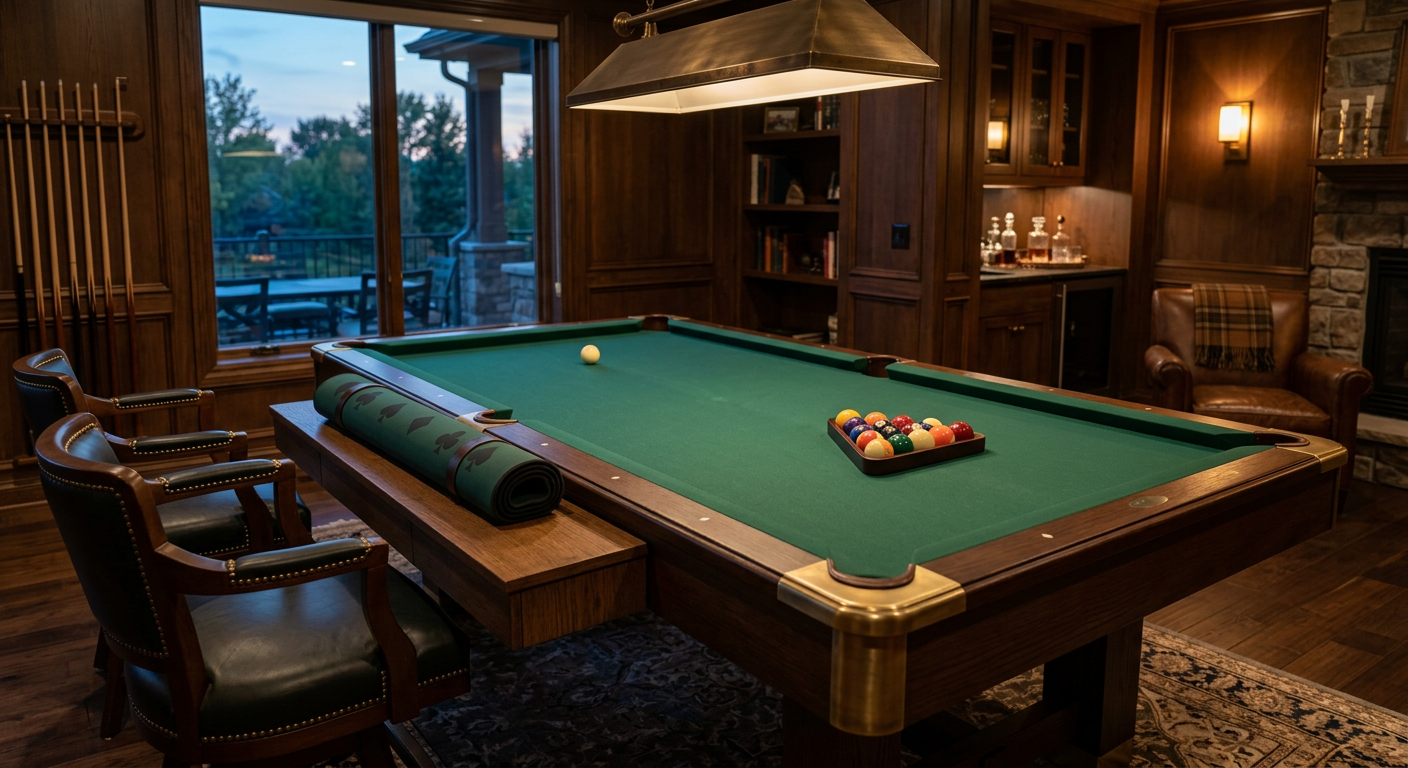 Photorealistic luxury interior photography of an elegant private game room after poker play, showing the same rectangular ...