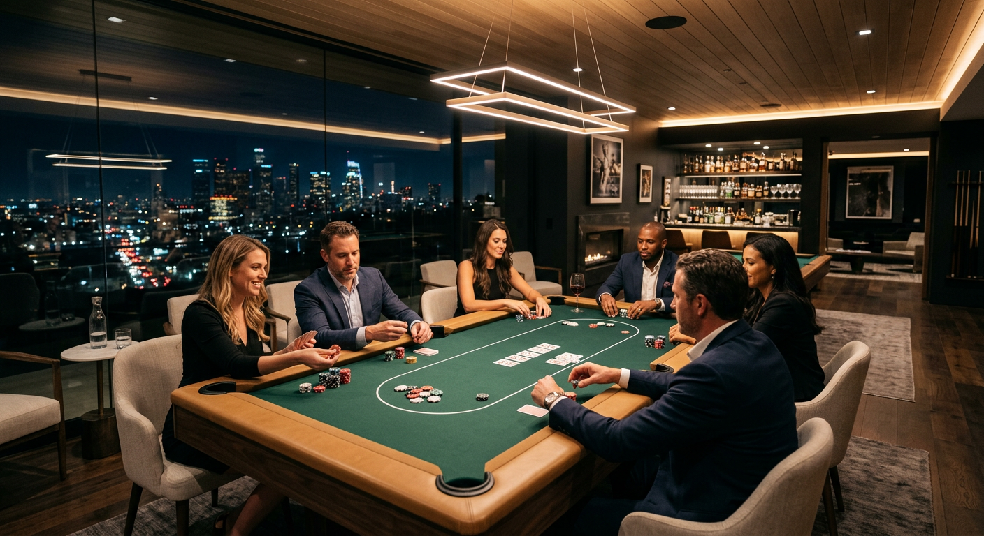Photorealistic luxury interior photography of a Los Angeles modern estate game room during an intimate evening poker gathe...