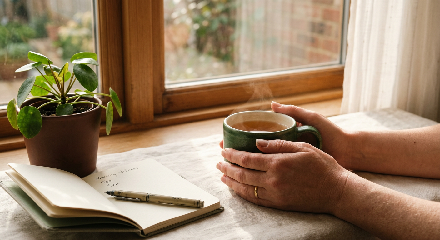 Photorealistic close-up of hands holding a warm ceramic tea cup near a sunlit window, a small notebook and houseplant near...