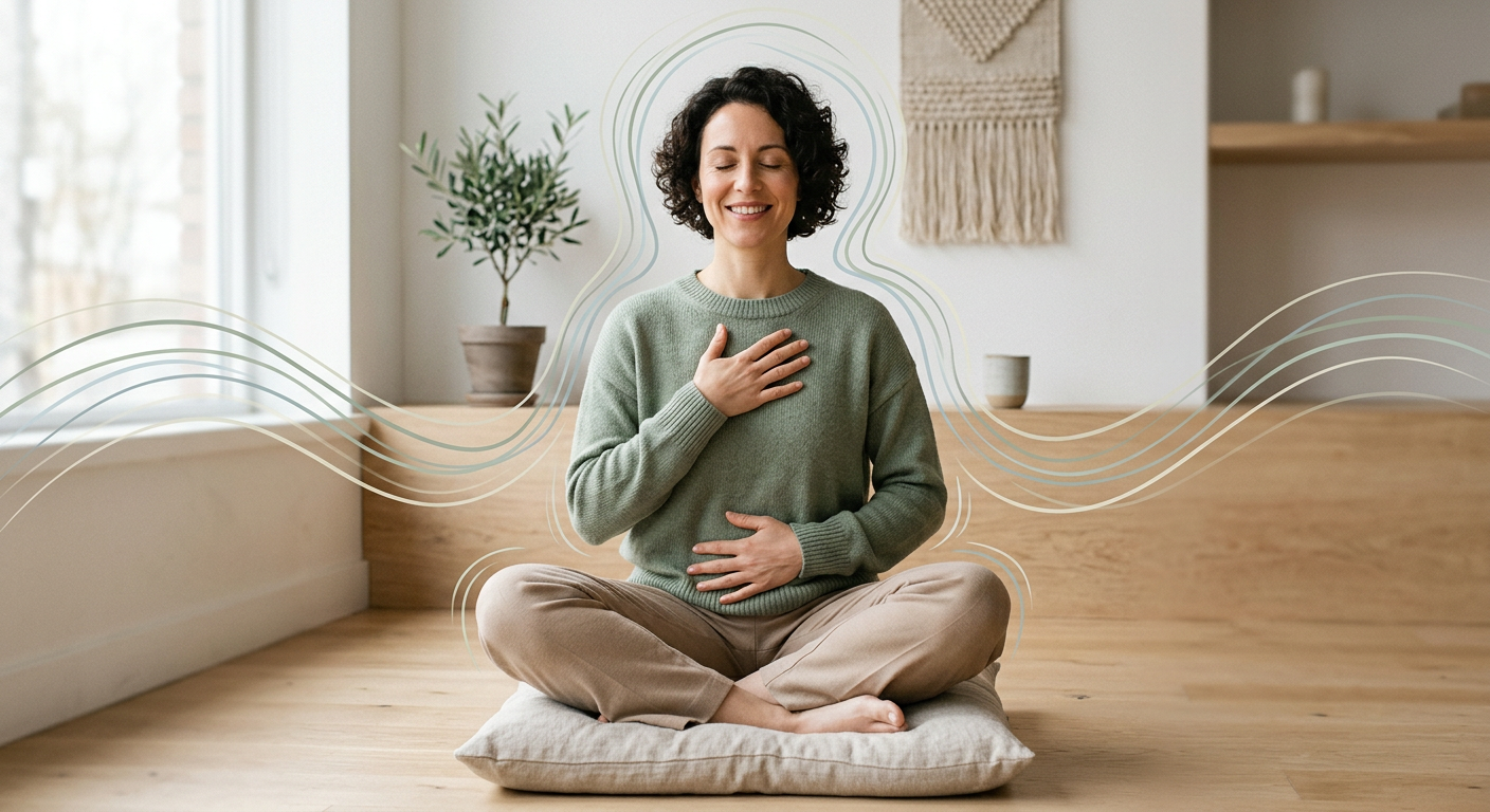 Modern editorial illustration of a person seated comfortably with one hand on their chest and one hand on their abdomen, s...