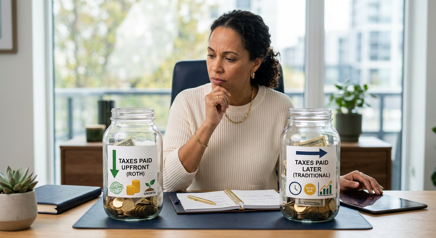 Clean modern illustration of two transparent retirement jars on a desk, one labeled by simple visual cues as taxes paid up...