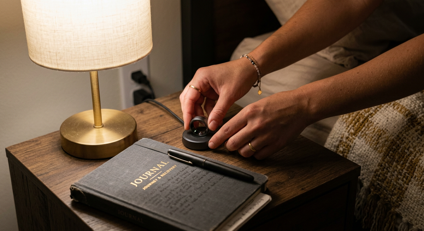 Photorealistic close-up of a person placing a sleek smart ring on a bedside charging dock beside a paper journal and dim l...