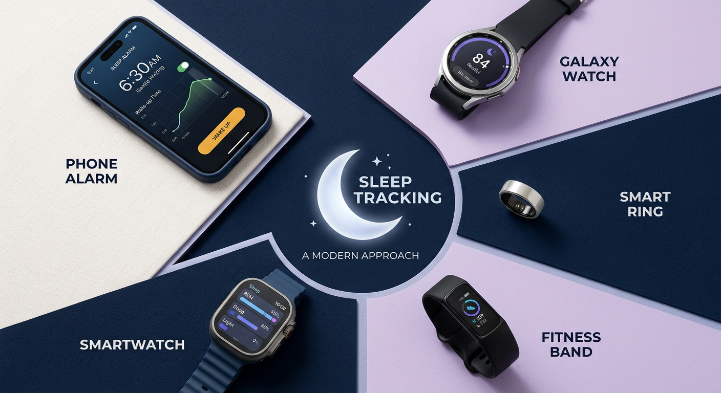 Modern editorial illustration of five distinct sleep-tracking approaches, a smartwatch, smart ring, phone alarm, Galaxy wa...