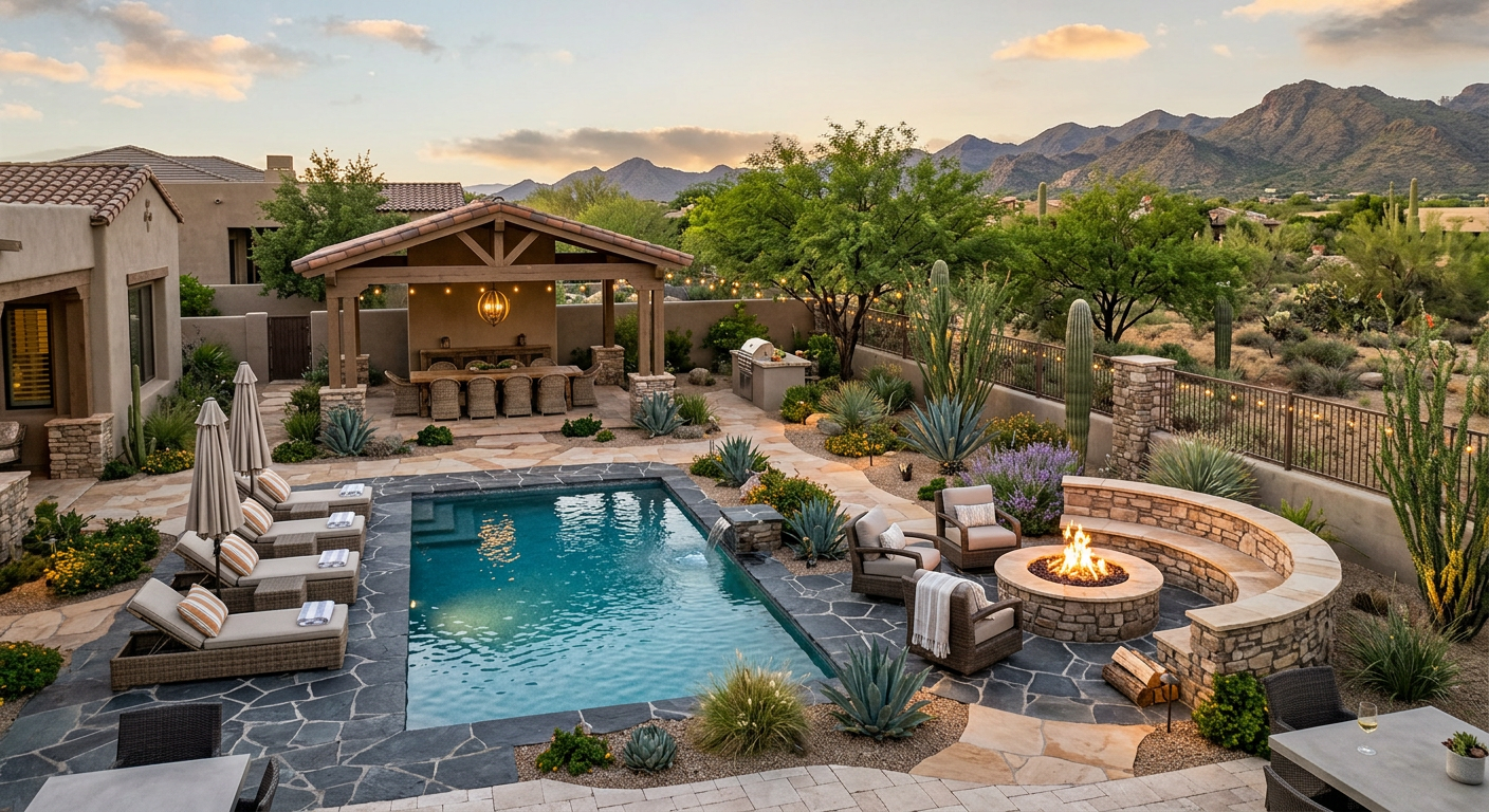 Outdoor Living Design Carefree: Creating Refined Desert Retreats | Luxury Landscape Architecture Scottsdale & Phoenix | Waibel & Associates Photorealistic aerial view of a high-end Carefree backyard organized into outdoor rooms, including a covered dining terrac...