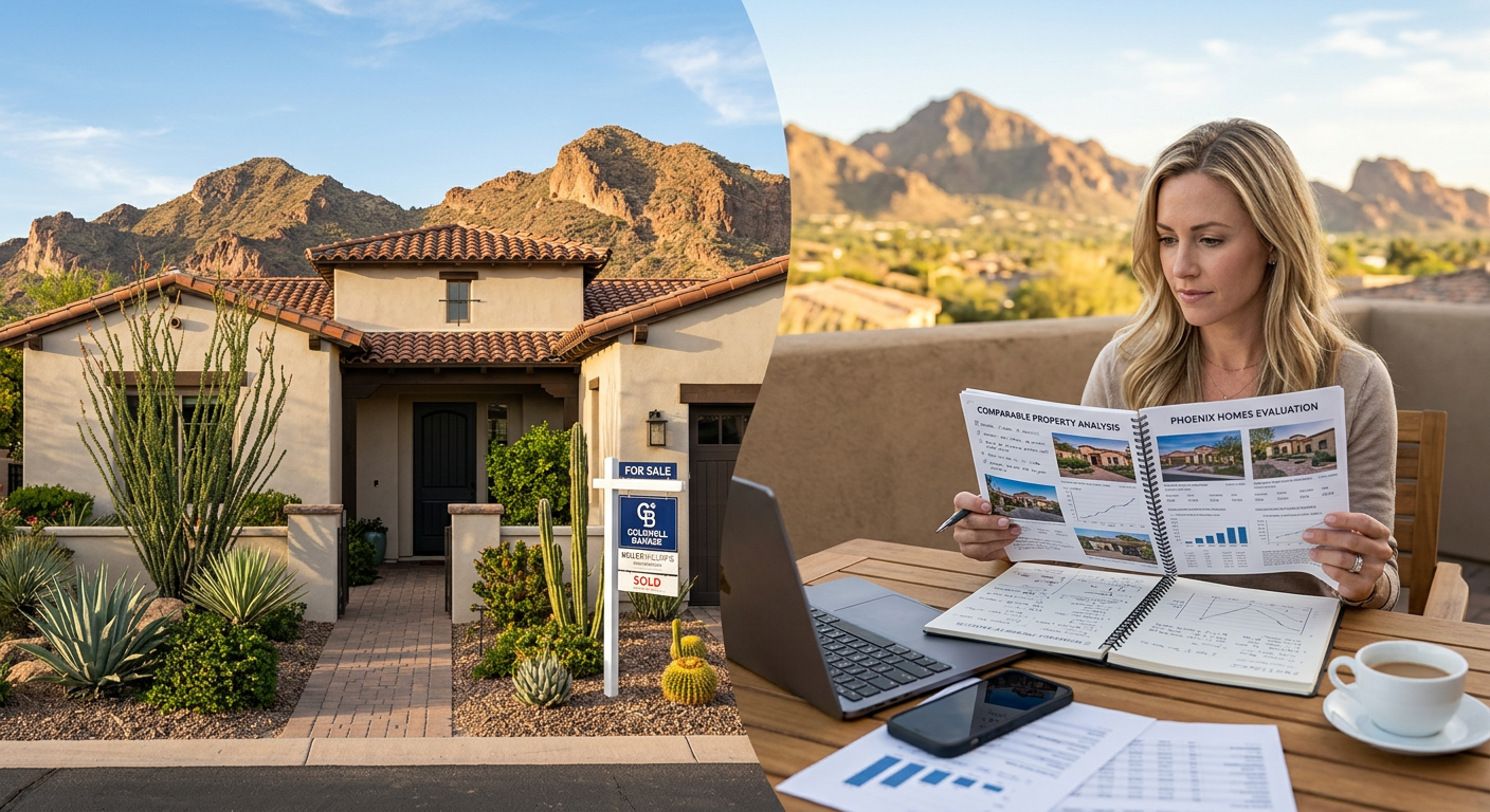 Phoenix Housing Market Forecast 2024: Buyer and Seller Guide Photorealistic split-scene of a well-prepared Phoenix home exterior on one side and a buyer evaluating comparable property...