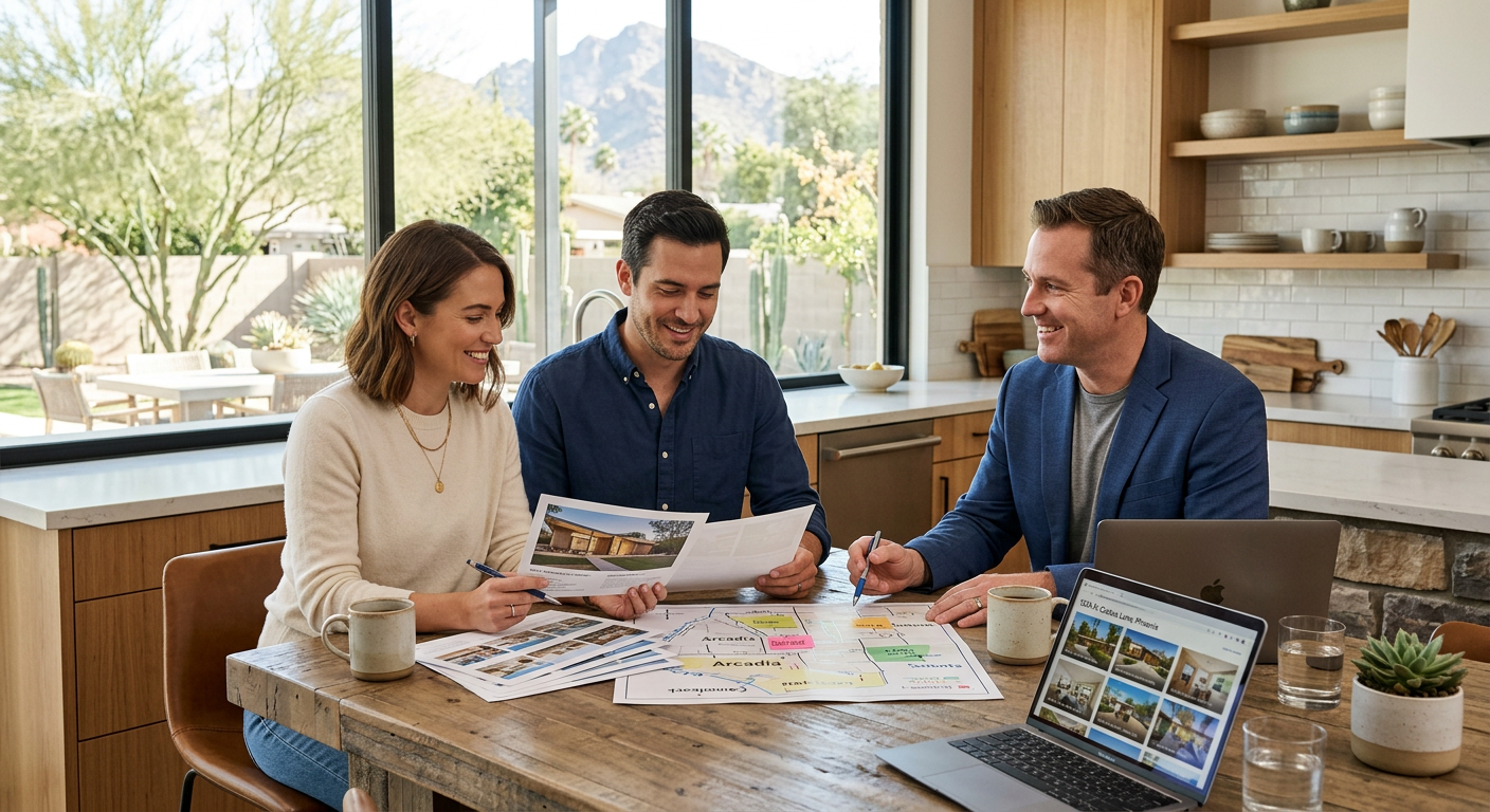 Phoenix Housing Market Forecast 2024: Buyer and Seller Guide Photorealistic Phoenix homebuyer couple and real estate advisor reviewing listing photos and neighborhood map at a kitchen...