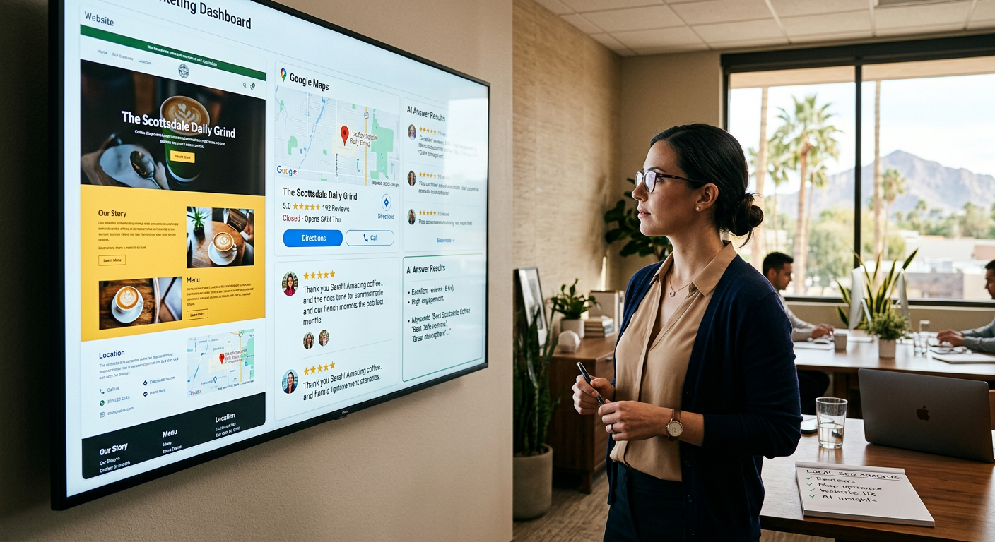Photorealistic close-up of a marketing professional reviewing a local business website, map profile, customer reviews, and...