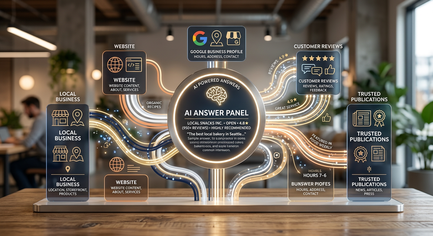 Clean modern illustration of connected signals flowing from a local business, website, Google Business Profile, customer r...