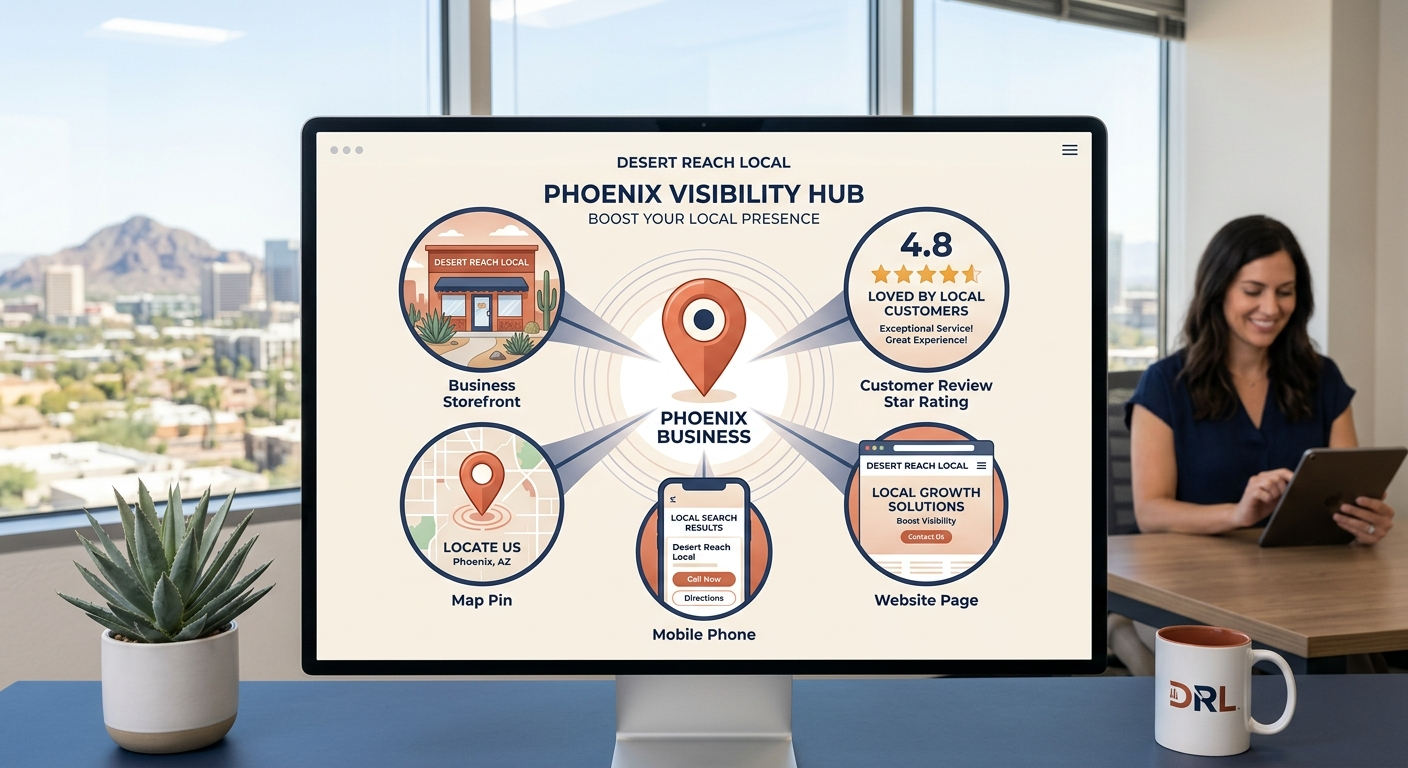 Clean modern illustration of interconnected local visibility signals, including a map pin, customer review stars, a busine...