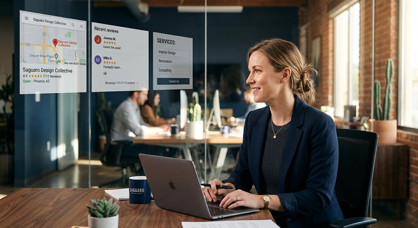 Photorealistic close-up of a business owner reviewing an accurate Google Maps listing, recent customer reviews, and a well...