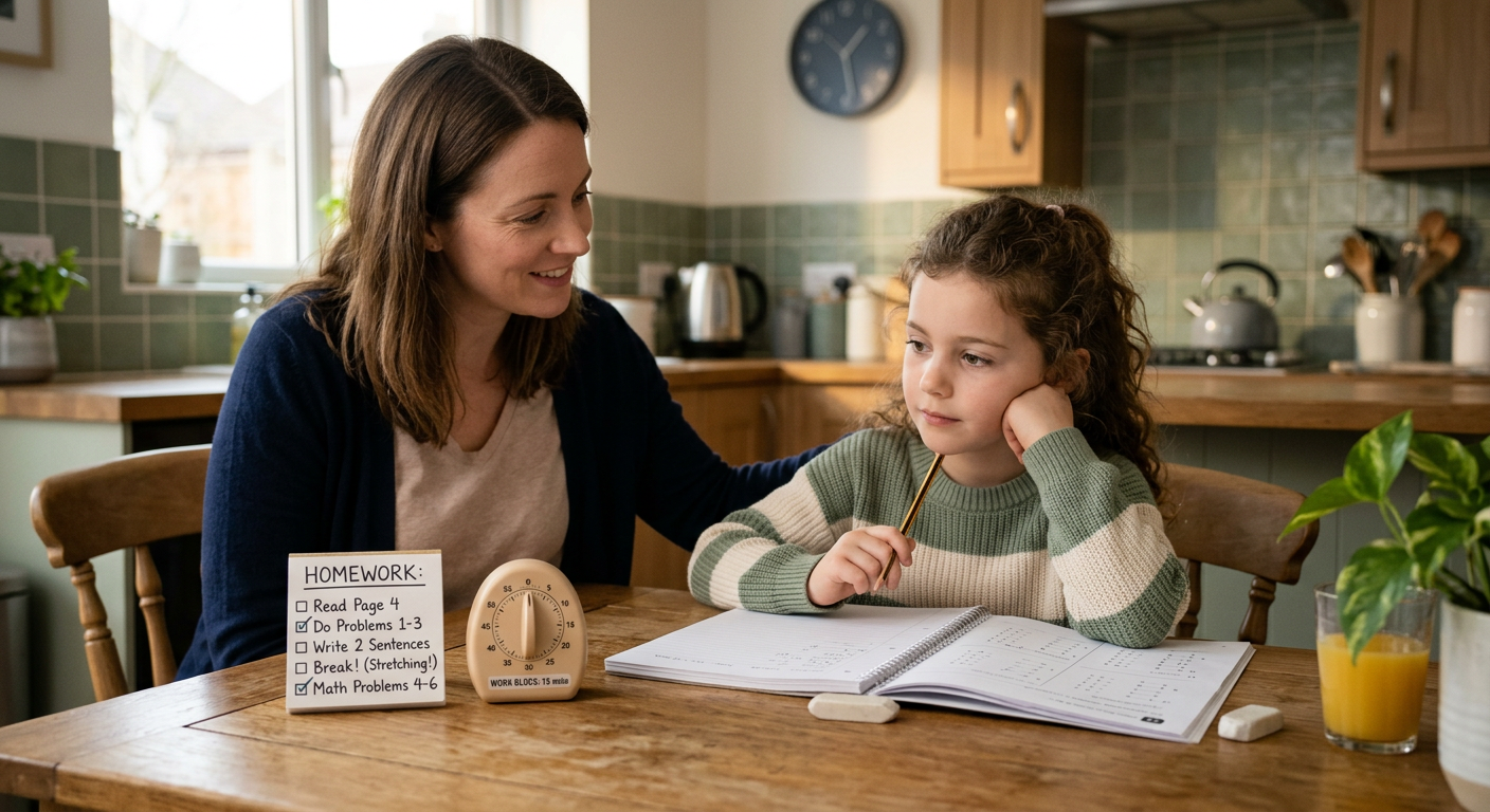 Child Can't Concentrate on Homework in Scottsdale: What Helps Warm, realistic illustration of a child pausing during homework while a parent uses a simple timer and small checklist nea...