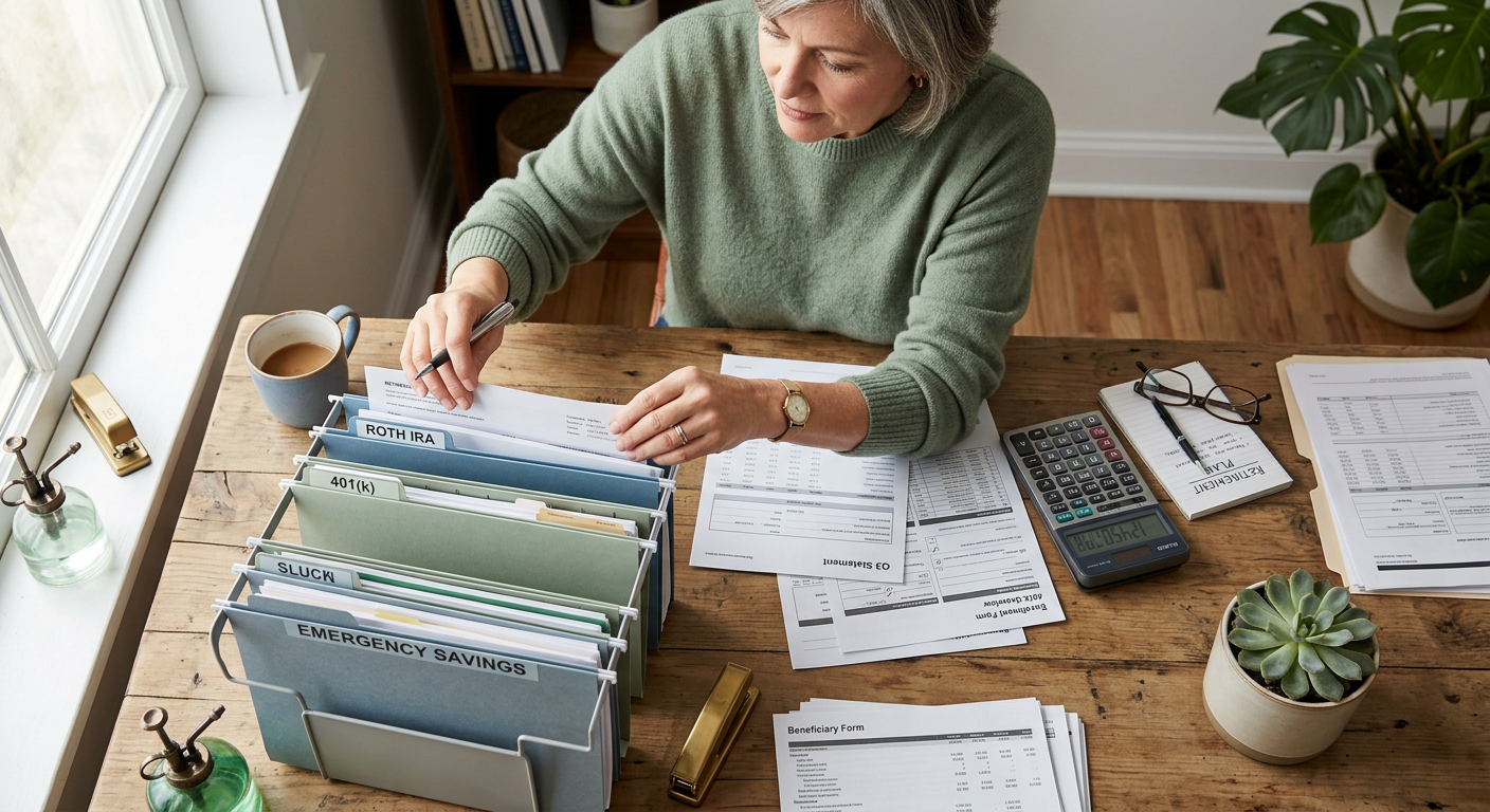 Photorealistic overhead scene of a person organizing retirement paperwork beside a calculator, a small plant, and neatly s...