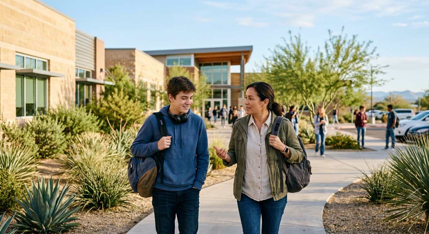 Teenager Refusing School in Scottsdale, AZ: What It May Mean Warm, realistic lifestyle photograph of a parent and teenager walking side by side outside a modern school campus, speakin...