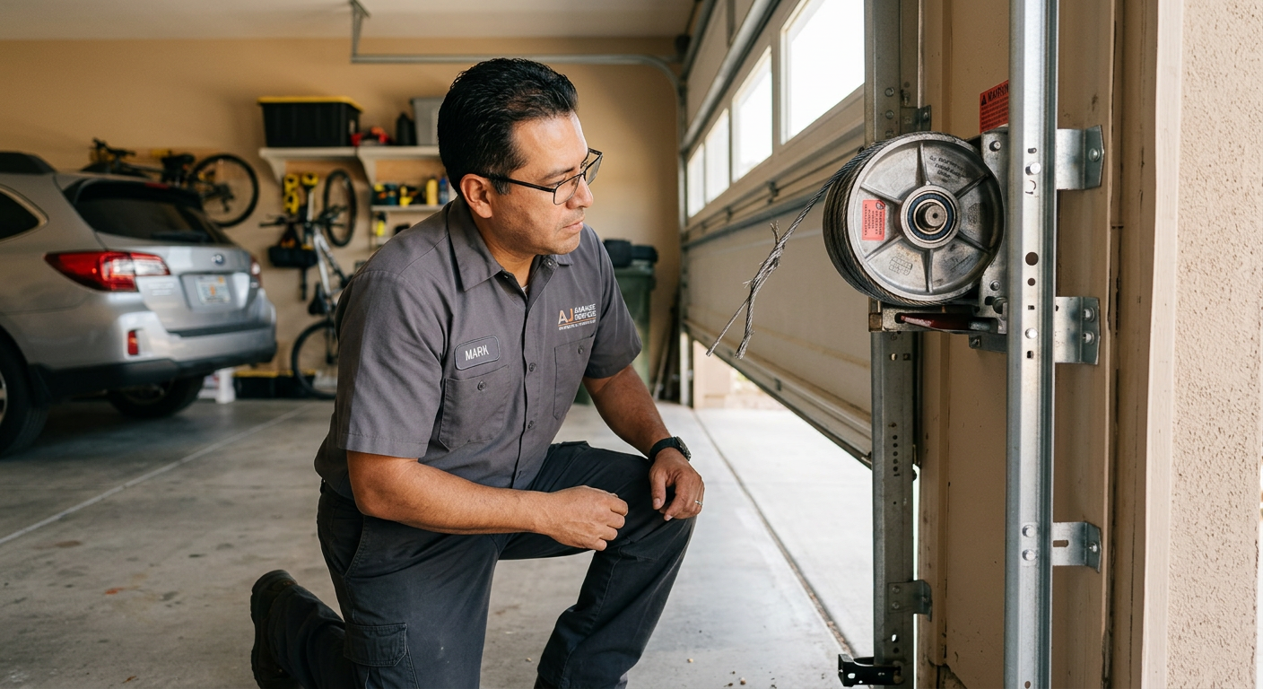 Garage Door Cable Repair Apache Junction: Signs and Safe Fixes 1 Photorealistic close-up inside a clean residential garage in Apache Junction, showing a technician in neutral work clothin...