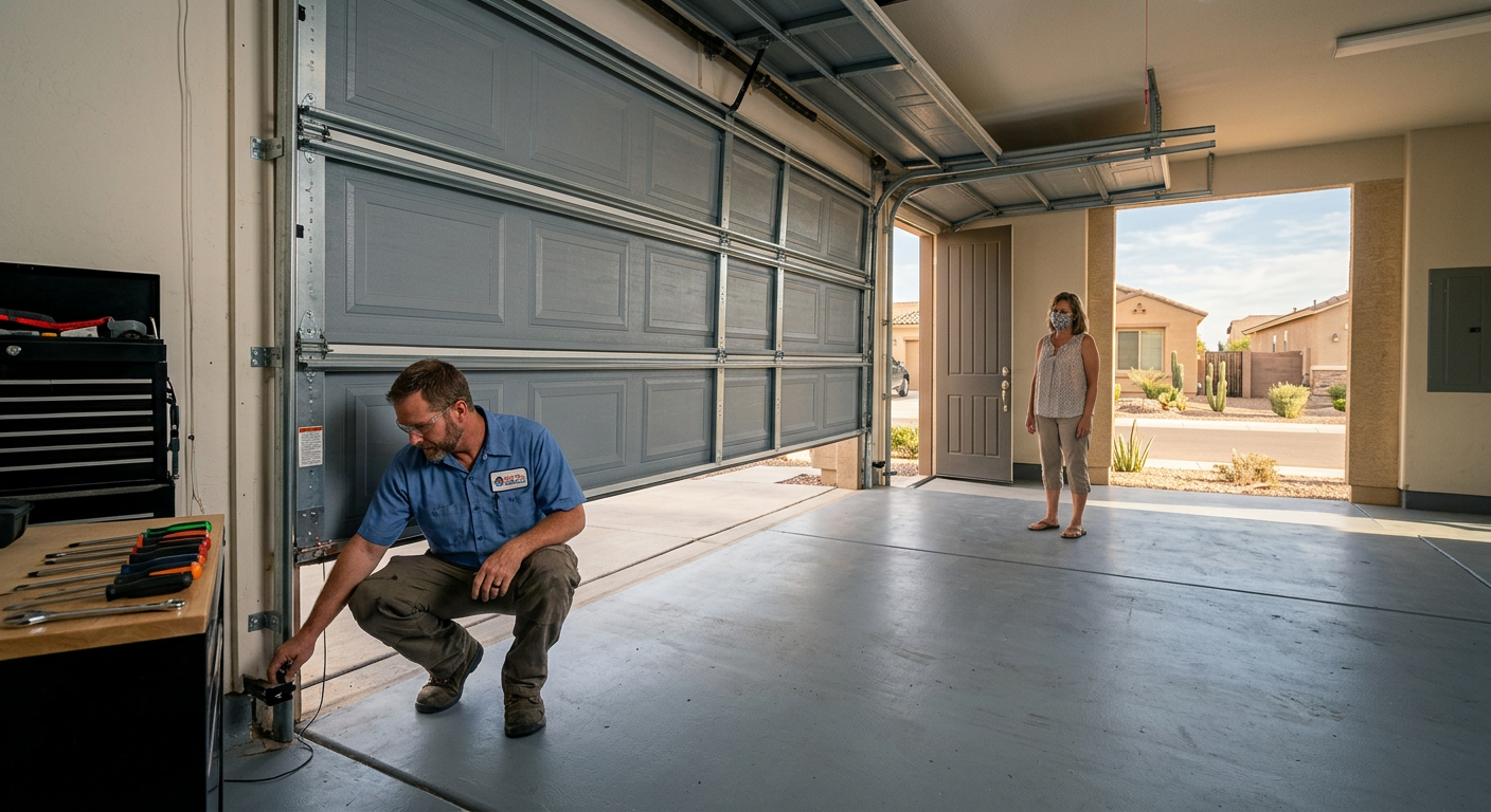 Photorealistic residential garage door technician performing a final closing-cycle test on a clean sectional garage door a...