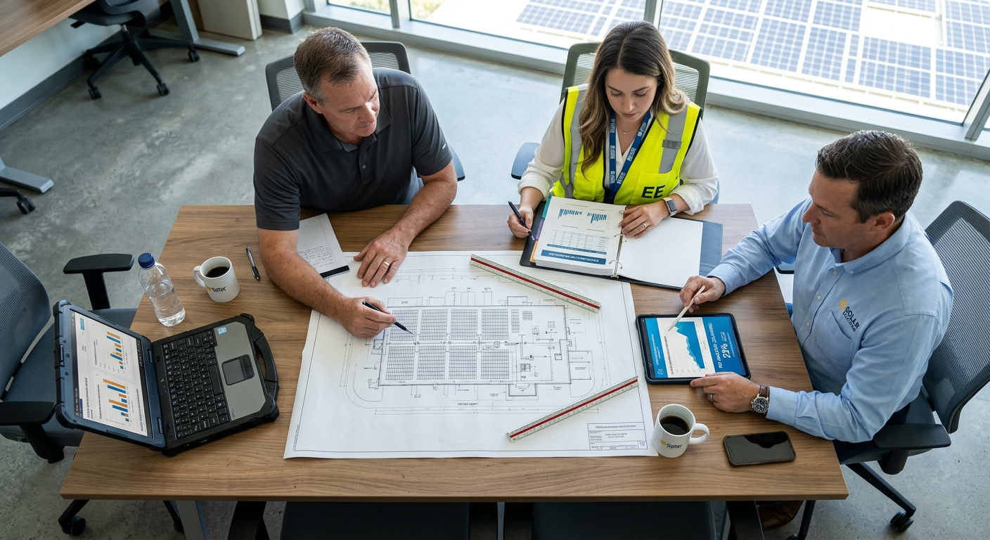 Independent Solar | Commercial Solar Installer Reviews: B2B Trust Scorecard Guide Photorealistic overhead scene of a commercial solar project meeting, with a facility manager, electrical engineer, and sal...
