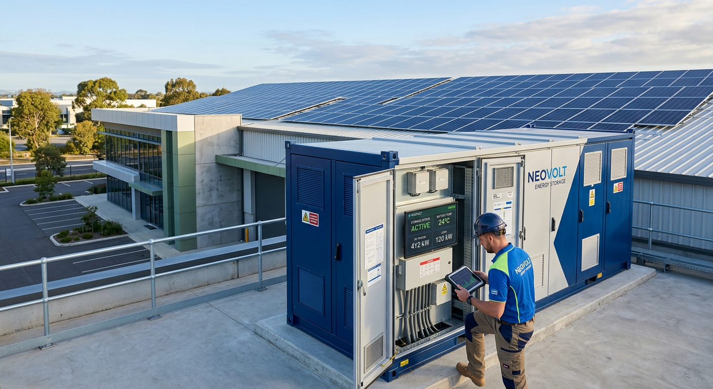 Independent Solar | Commercial Solar Installer Reviews: B2B Trust Scorecard Guide Photorealistic commercial battery storage enclosure beside a clean rooftop solar array at a modern light-industrial facili...
