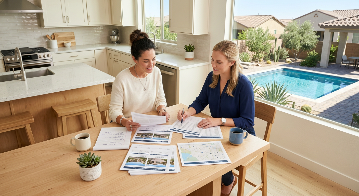 Photorealistic overhead view of a Phoenix homeowner and real estate advisor reviewing printed neighborhood comparables at ...