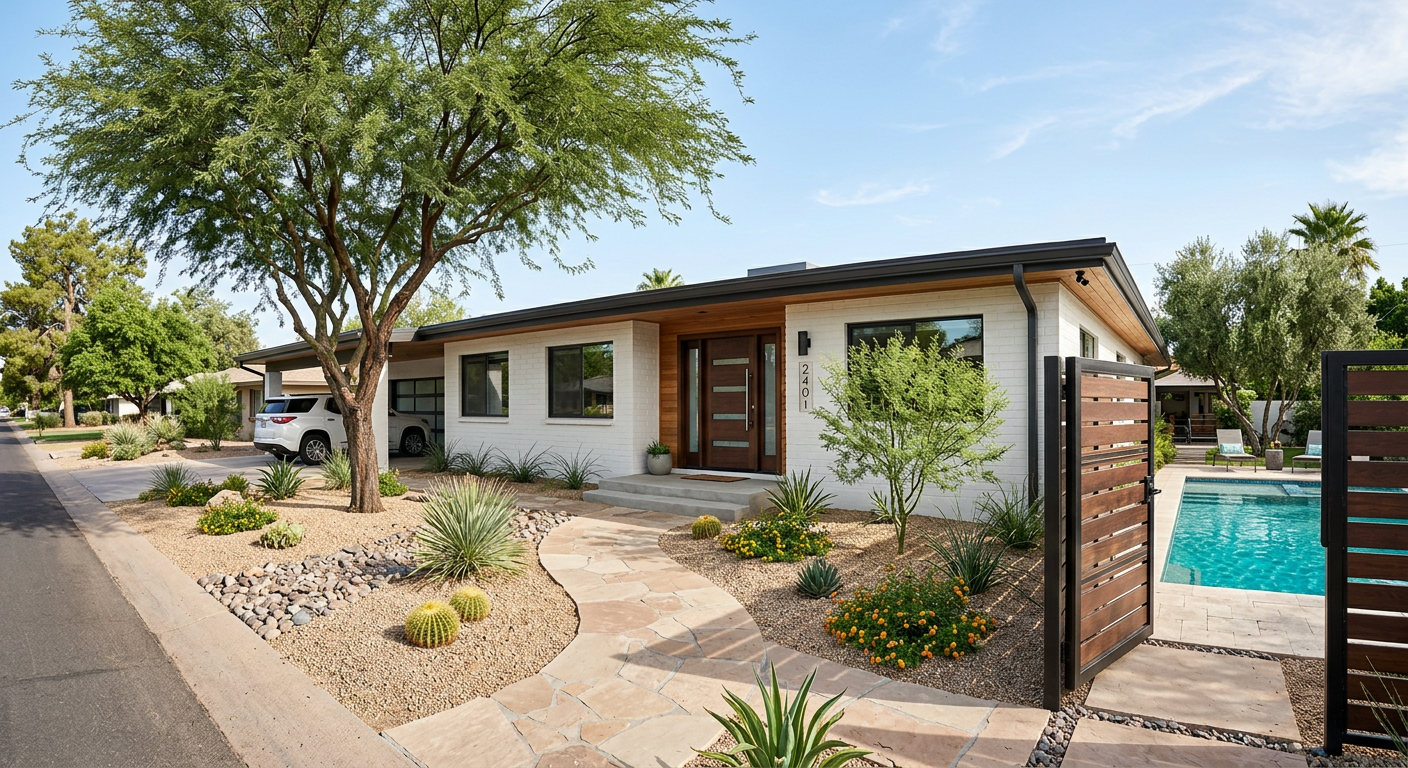 Photorealistic exterior of a renovated single-story Park Scottsdale ranch home, with clean desert landscaping, a modern wo...