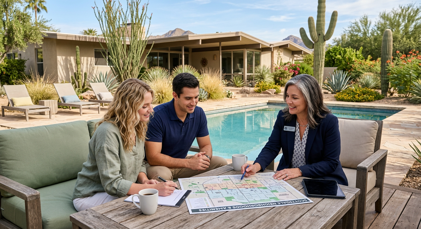 Photorealistic scene of a couple and a local real estate advisor reviewing a printed neighborhood map beside a Scottsdale ...