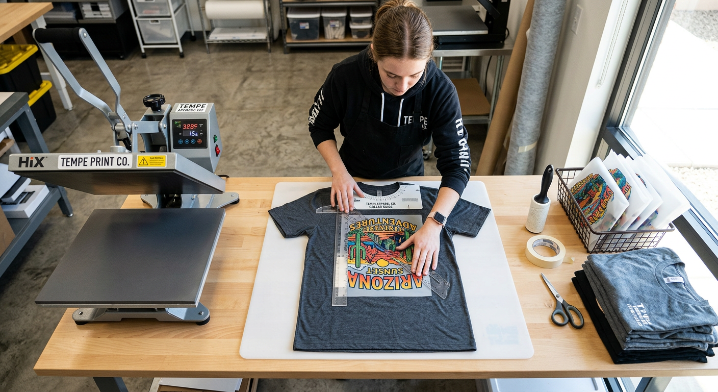Photorealistic overhead scene of an apparel creator aligning a colorful DTF transfer on a heather-gray T-shirt using a T-s...