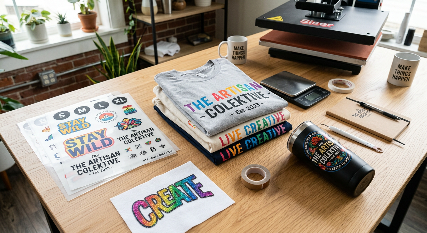 Photorealistic overhead scene of organized small-business merchandise production, including folded branded T-shirts, a gan...
