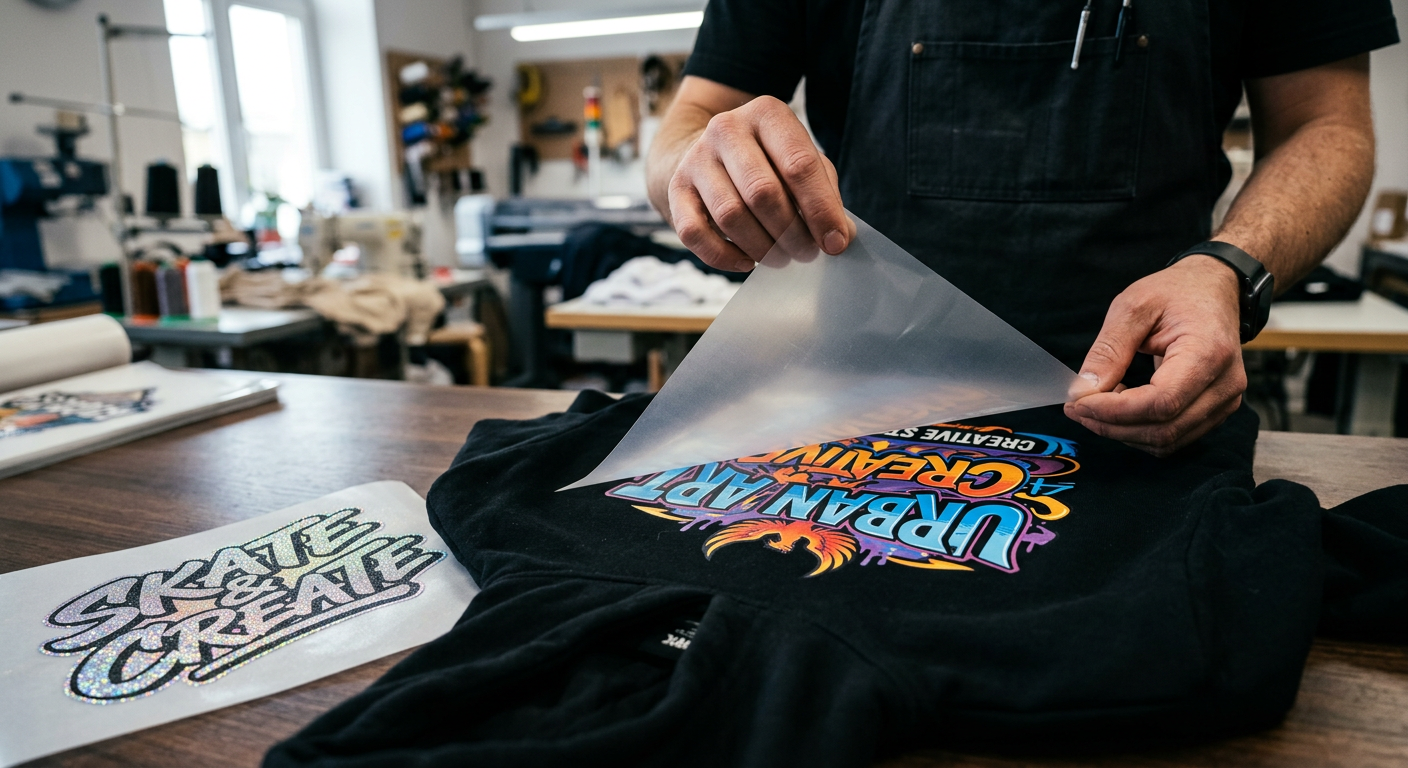 Photorealistic close-up of hands lifting a fully cooled DTF carrier sheet from a black cotton hoodie, crisp colorful desig...