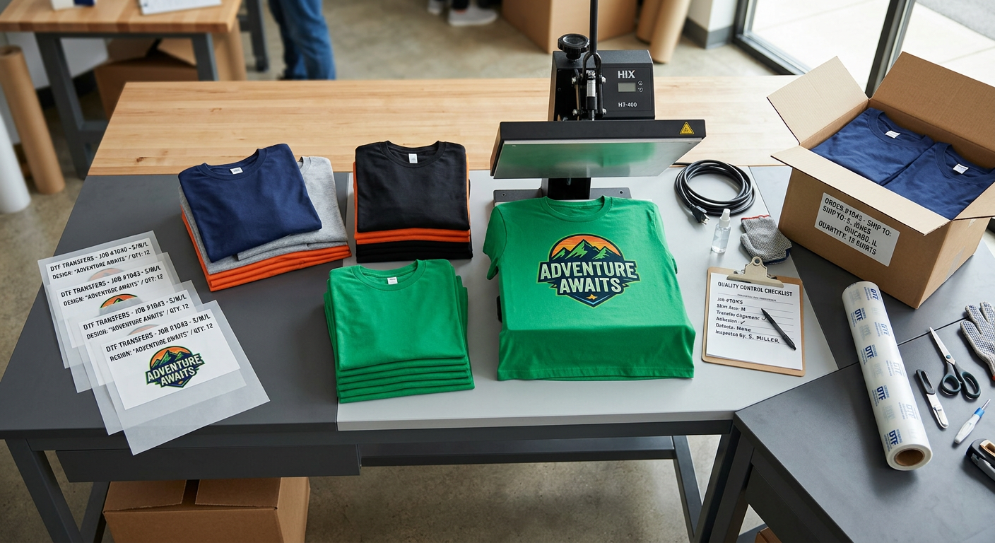 Photorealistic overhead close-up of a clean apparel production table with labeled DTF transfer sheets, folded cotton shirt...