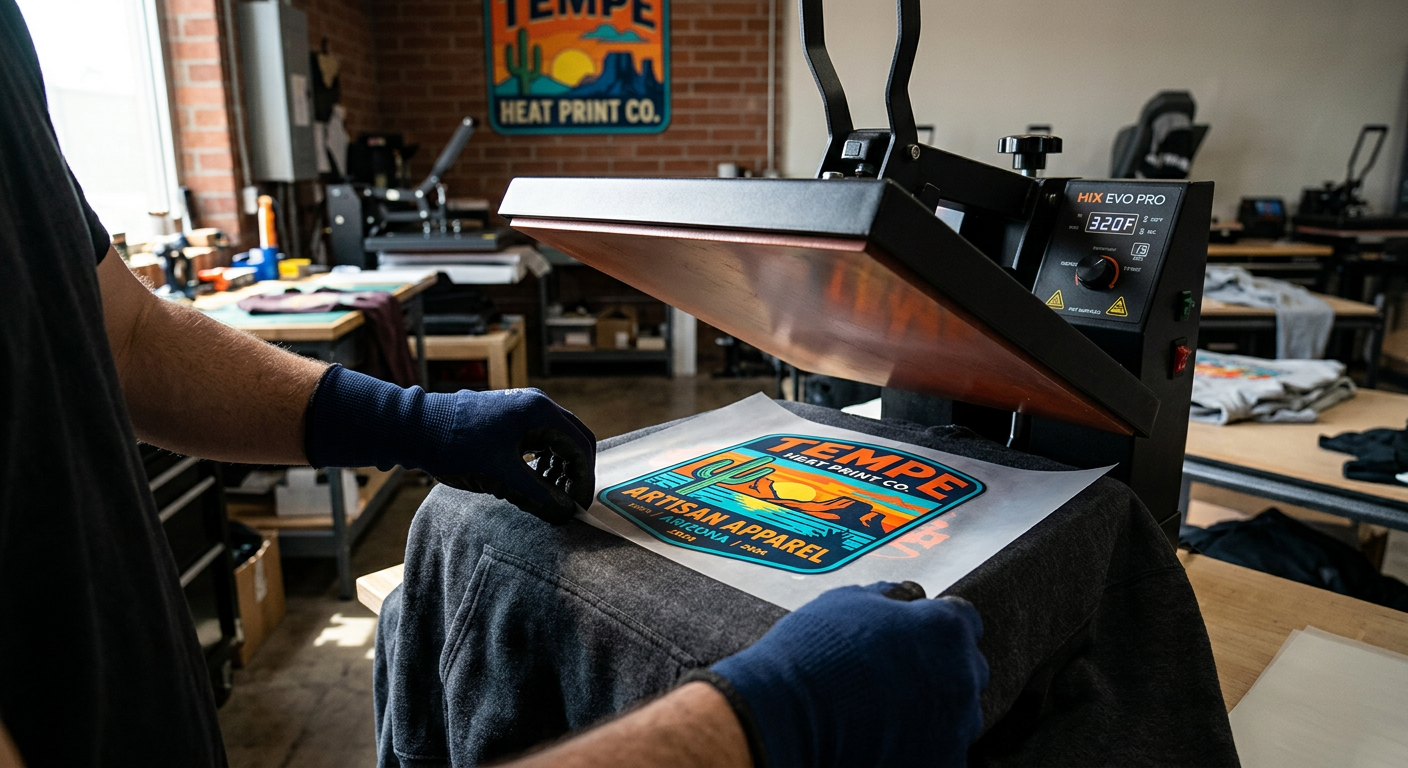Photorealistic close-up of a heat press applying a colorful DTF design to a charcoal hoodie, with a technician wearing hea...