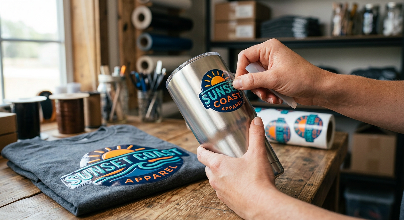 Photorealistic close-up of hands applying a vibrant UV DTF logo sticker to a stainless steel tumbler beside a matching cus...