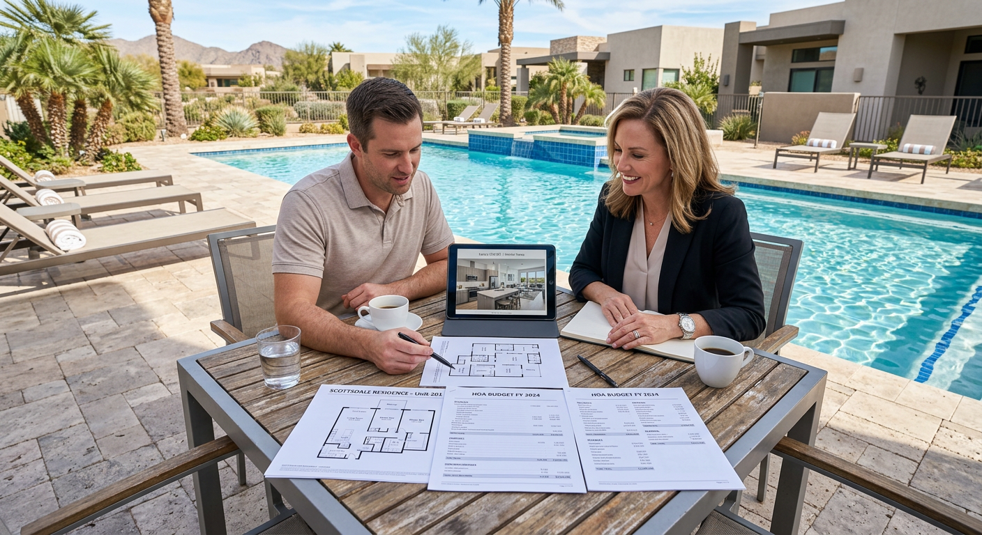 Photorealistic overhead view of a Scottsdale buyer and real estate advisor reviewing condominium documents beside a commun...