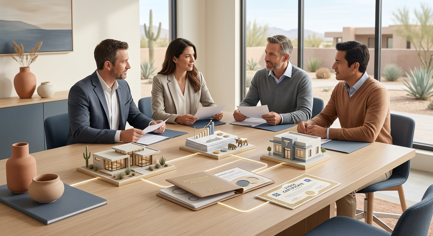 High Asset Divorce Mediation Scottsdale: Private, Informed Choices | Scottsdale Divorce Mediation | Attorney-Led, Private Refined modern illustration of interconnected financial elements, including a Scottsdale home, investment portfolio, medic...