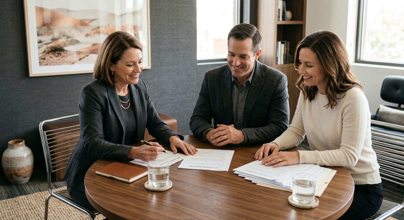 High Asset Divorce Mediation Scottsdale: Private, Informed Choices | Scottsdale Divorce Mediation | Attorney-Led, Private Photorealistic close-up of two spouses reviewing a balanced settlement plan with an attorney-mediator at a round walnut ta...