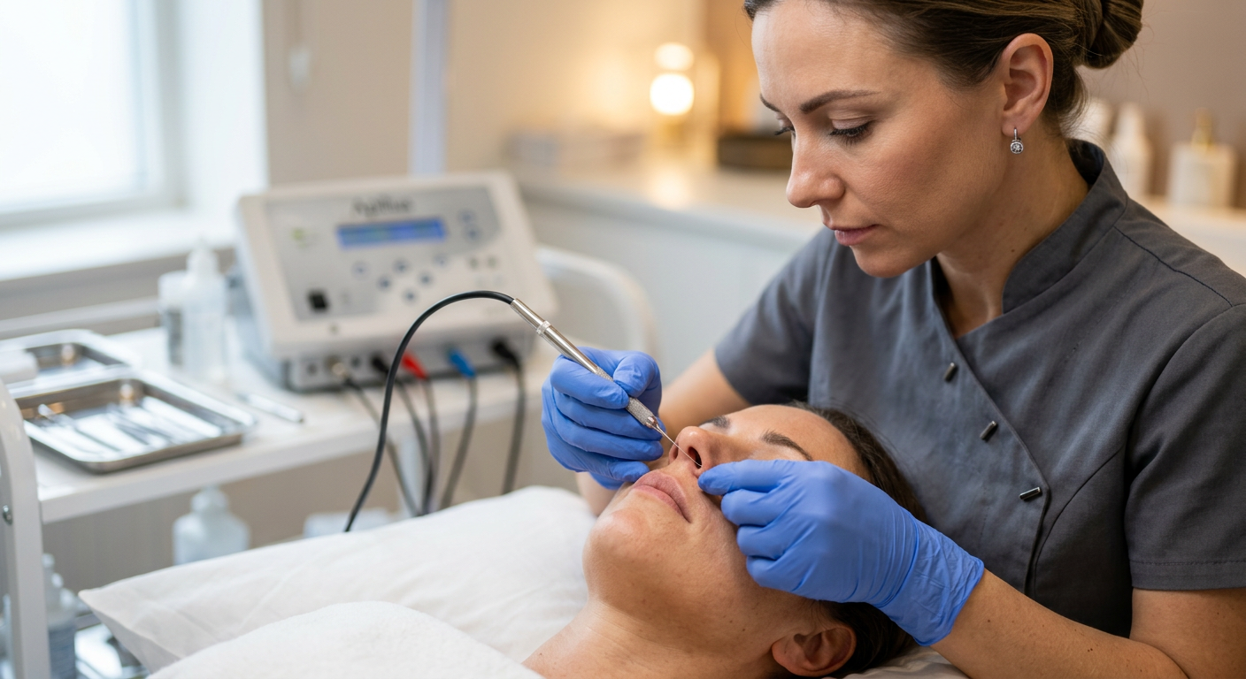 Photorealistic close-up of a skilled practitioner wearing gloves preparing a precision facial hair-removal treatment for a...