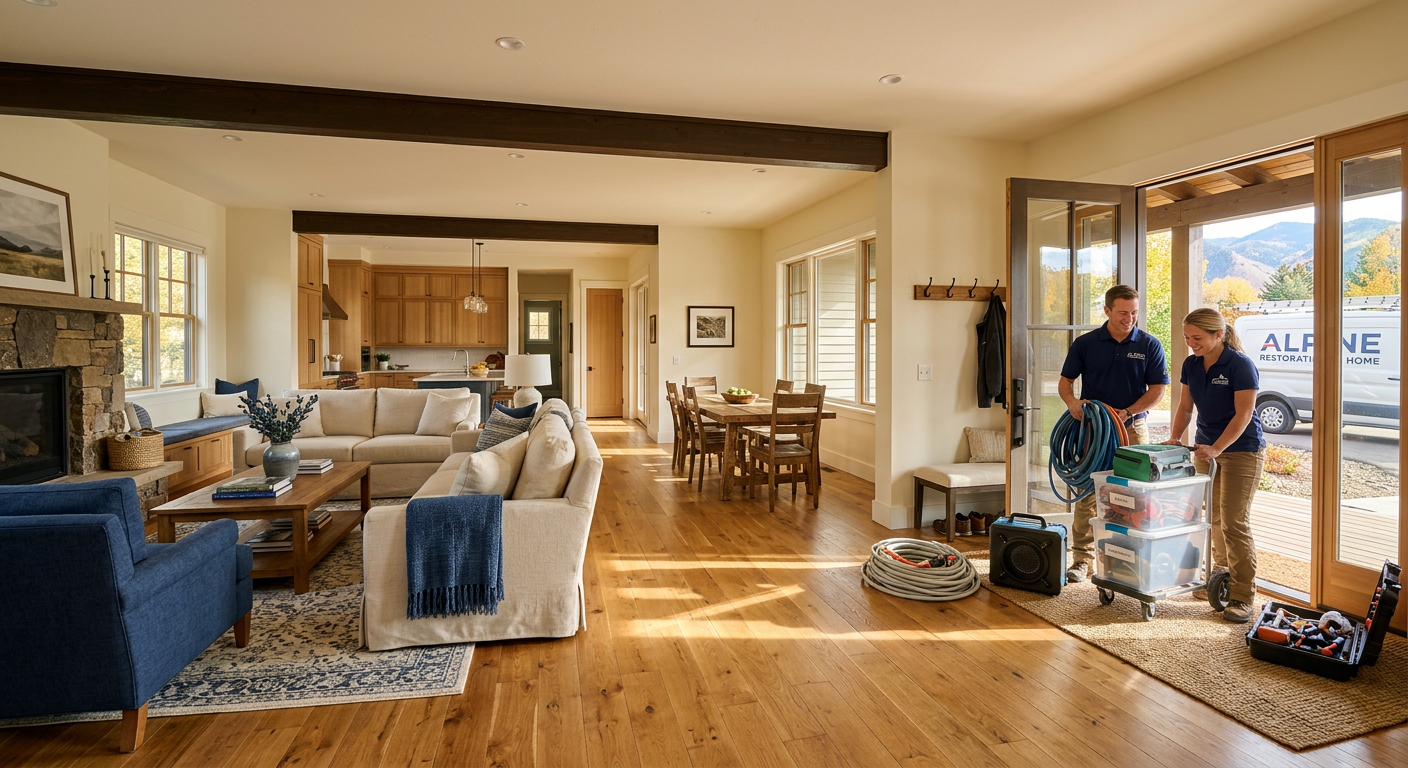 Water Damage Repair Basalt: Protect Homes, Rentals, and More | Water Damage Cleanup & Restoration Company in Aspen | Helpers Photorealistic wide interior view of a clean, restored Basalt mountain home with dry hardwood floors, tidy furnishings, an...