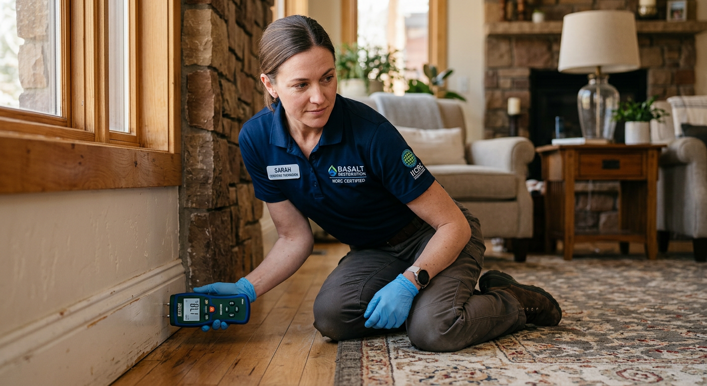 Water Damage Repair Basalt: Protect Homes, Rentals, and More | Water Damage Cleanup & Restoration Company in Aspen | Helpers Photorealistic close-up of a certified restoration technician using a moisture meter along a baseboard in a Basalt residen...