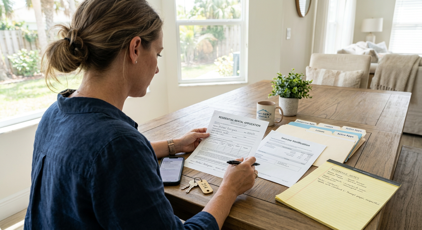 Professional photorealistic close-up of a Fort Pierce property manager at a bright dining table reviewing a rental applica...